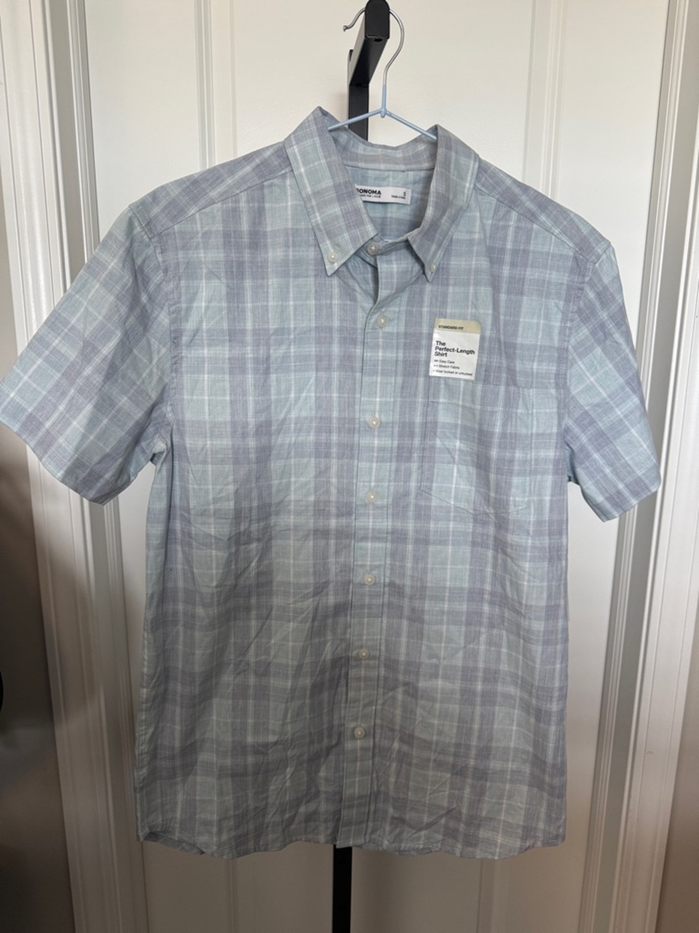 Sonoma Light Blue and Light Gray Plaid Short Sleeve Button-Down Shirt